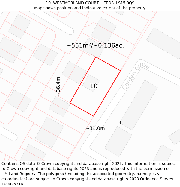 10, WESTMORLAND COURT, LEEDS, LS15 0QS: Plot and title map