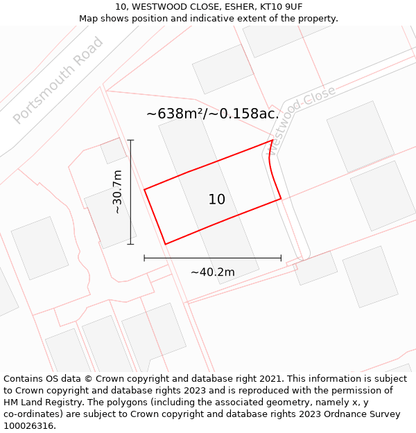 10, WESTWOOD CLOSE, ESHER, KT10 9UF: Plot and title map