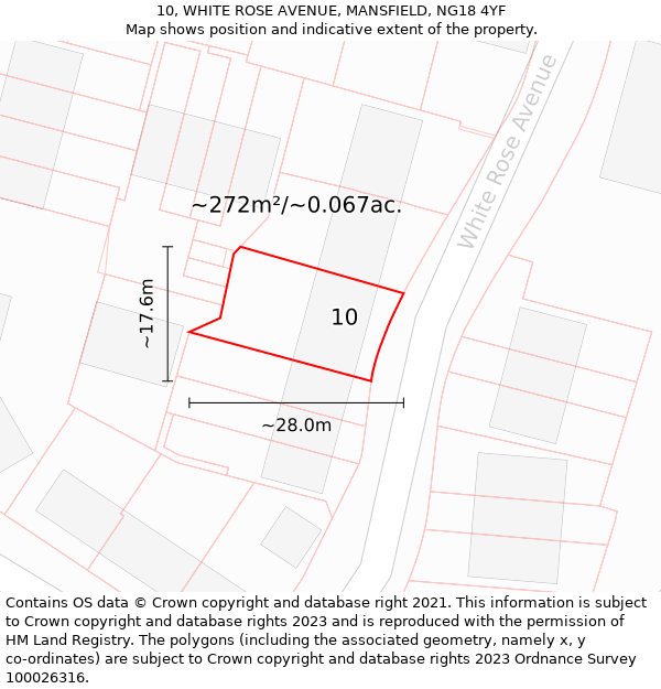 10, WHITE ROSE AVENUE, MANSFIELD, NG18 4YF: Plot and title map