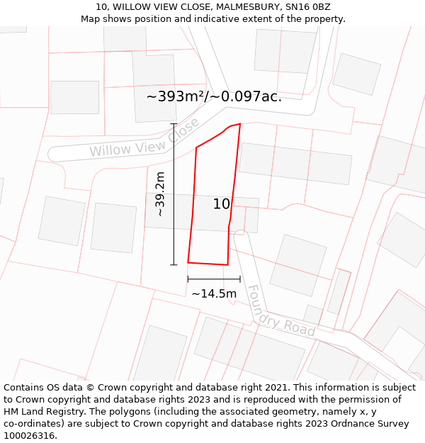 10, WILLOW VIEW CLOSE, MALMESBURY, SN16 0BZ: Plot and title map