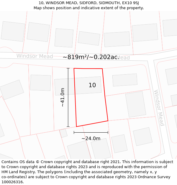 10, WINDSOR MEAD, SIDFORD, SIDMOUTH, EX10 9SJ: Plot and title map