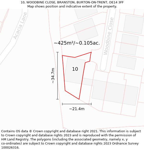 10, WOODBINE CLOSE, BRANSTON, BURTON-ON-TRENT, DE14 3FF: Plot and title map