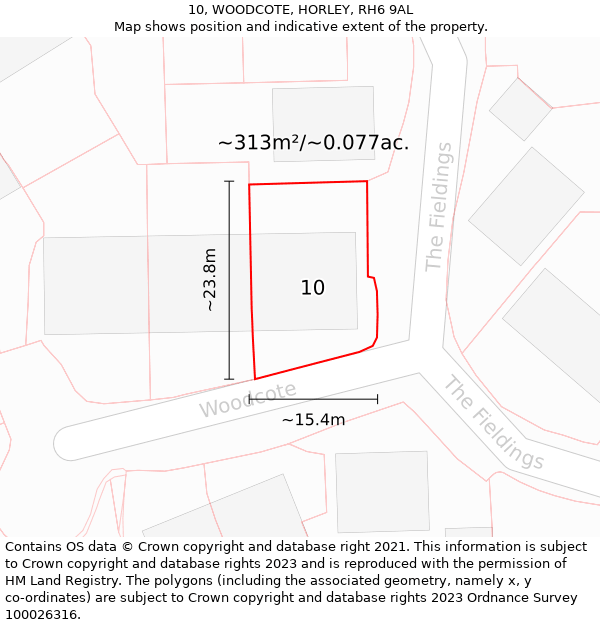 10, WOODCOTE, HORLEY, RH6 9AL: Plot and title map