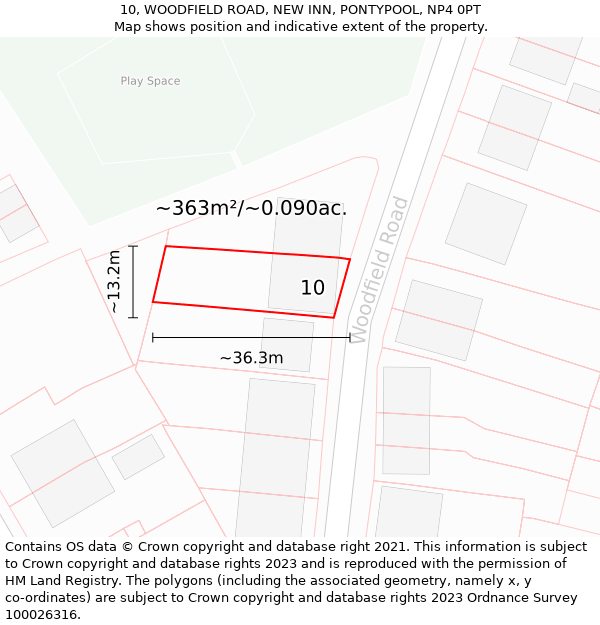 10, WOODFIELD ROAD, NEW INN, PONTYPOOL, NP4 0PT: Plot and title map