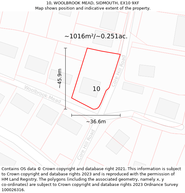 10, WOOLBROOK MEAD, SIDMOUTH, EX10 9XF: Plot and title map