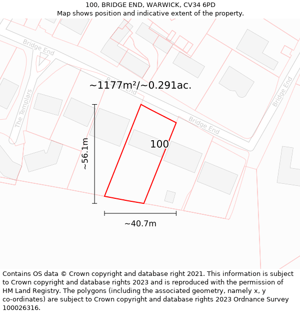 100, BRIDGE END, WARWICK, CV34 6PD: Plot and title map