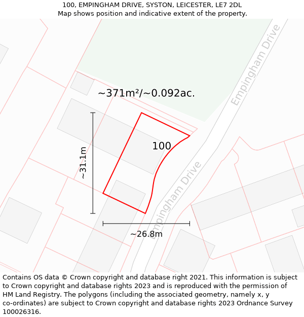 100, EMPINGHAM DRIVE, SYSTON, LEICESTER, LE7 2DL: Plot and title map