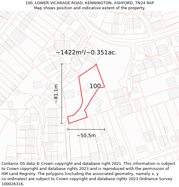 100, LOWER VICARAGE ROAD, KENNINGTON, ASHFORD, TN24 9AP: Plot and title map