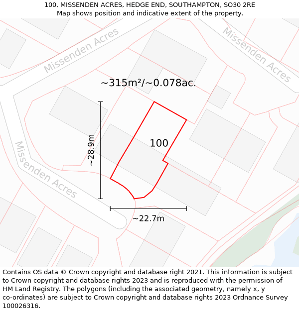 100, MISSENDEN ACRES, HEDGE END, SOUTHAMPTON, SO30 2RE: Plot and title map