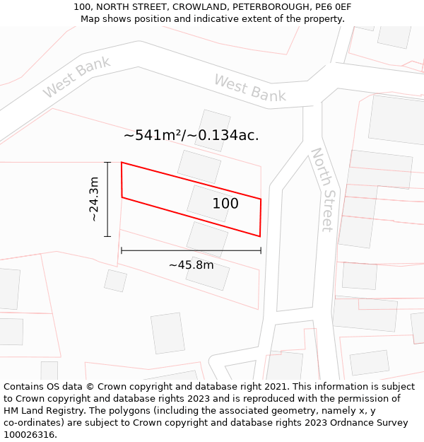 100, NORTH STREET, CROWLAND, PETERBOROUGH, PE6 0EF: Plot and title map