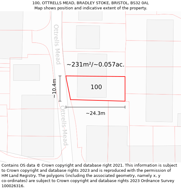 100, OTTRELLS MEAD, BRADLEY STOKE, BRISTOL, BS32 0AL: Plot and title map