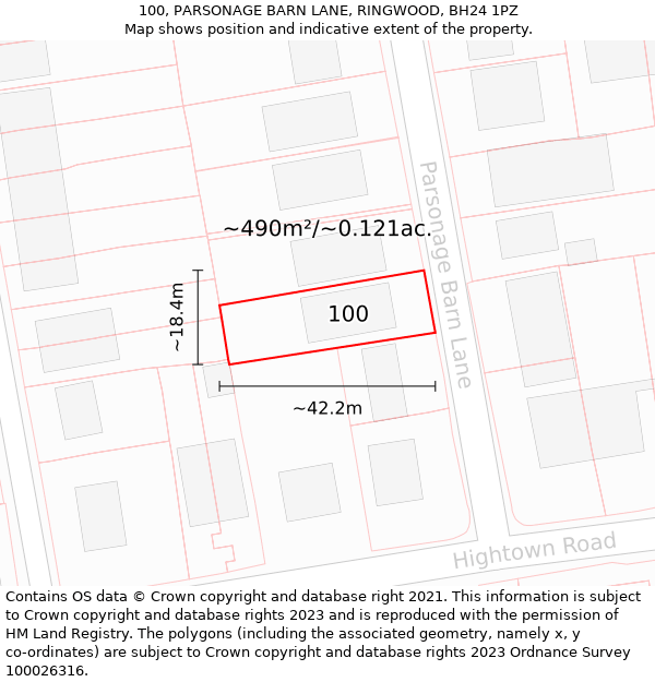 100, PARSONAGE BARN LANE, RINGWOOD, BH24 1PZ: Plot and title map