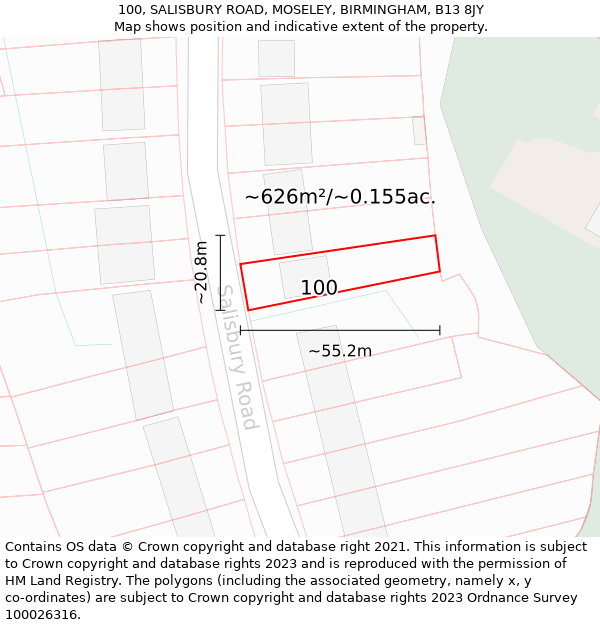 100, SALISBURY ROAD, MOSELEY, BIRMINGHAM, B13 8JY: Plot and title map