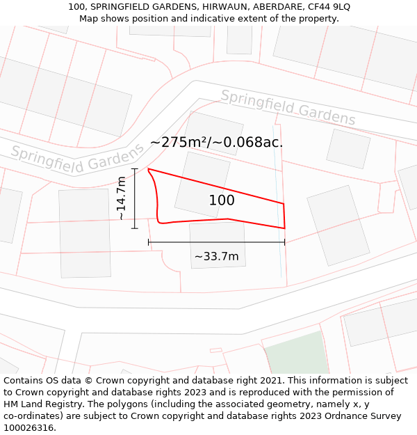 100, SPRINGFIELD GARDENS, HIRWAUN, ABERDARE, CF44 9LQ: Plot and title map