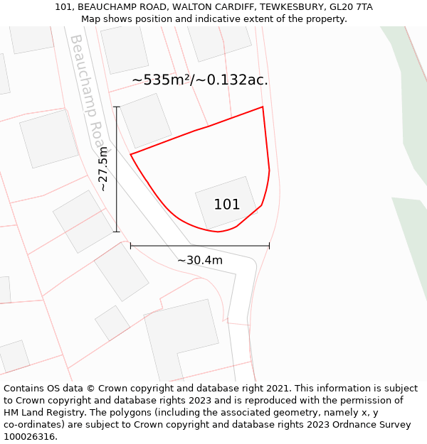 101, BEAUCHAMP ROAD, WALTON CARDIFF, TEWKESBURY, GL20 7TA: Plot and title map