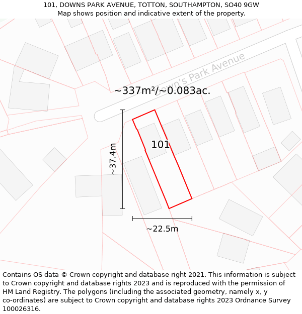 101, DOWNS PARK AVENUE, TOTTON, SOUTHAMPTON, SO40 9GW: Plot and title map