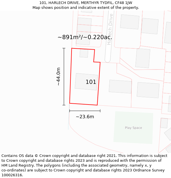 101, HARLECH DRIVE, MERTHYR TYDFIL, CF48 1JW: Plot and title map