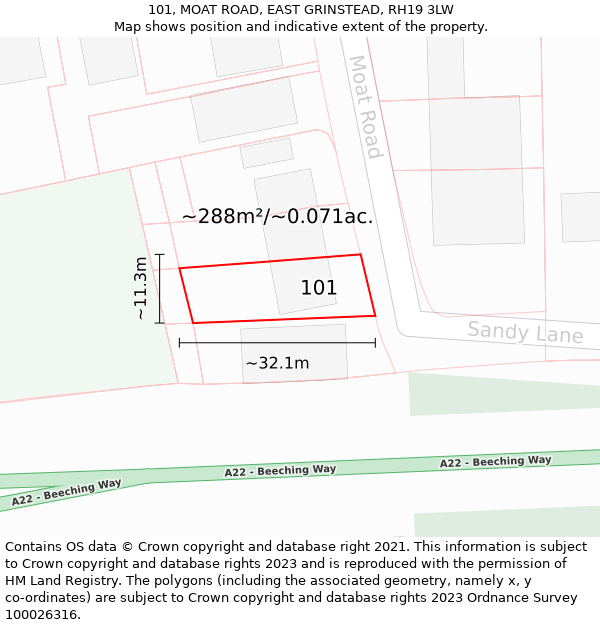 101, MOAT ROAD, EAST GRINSTEAD, RH19 3LW: Plot and title map