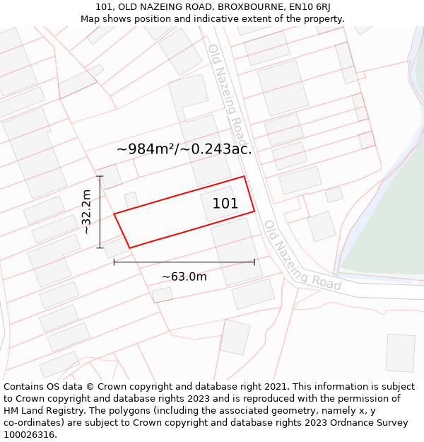 101, OLD NAZEING ROAD, BROXBOURNE, EN10 6RJ: Plot and title map