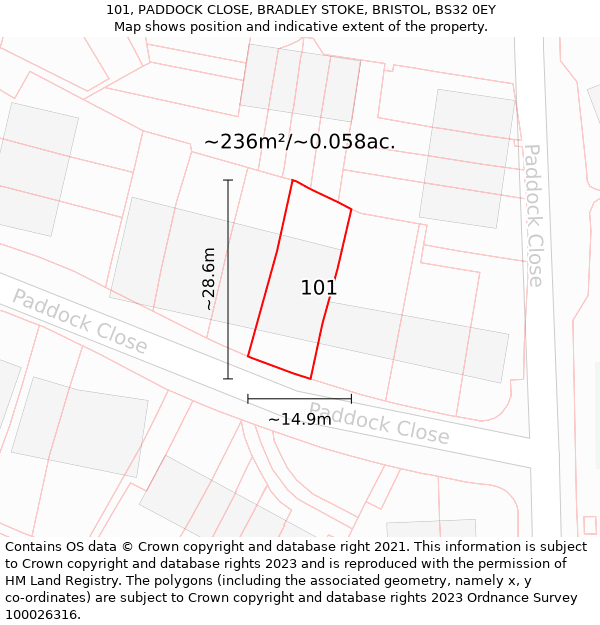 101, PADDOCK CLOSE, BRADLEY STOKE, BRISTOL, BS32 0EY: Plot and title map