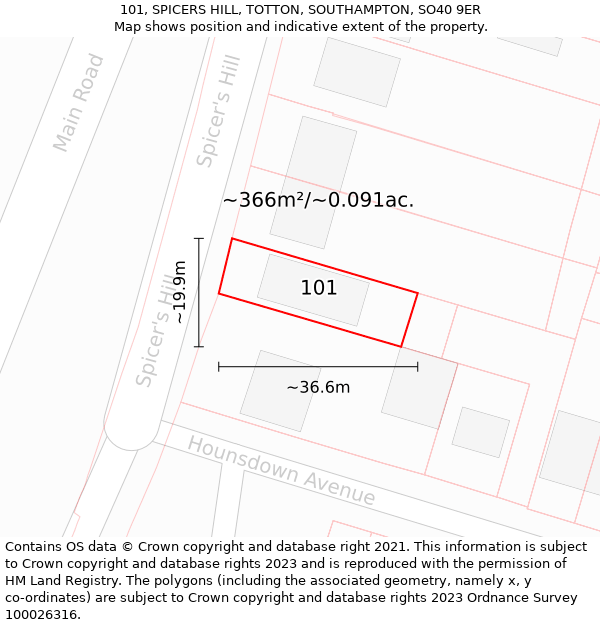 101, SPICERS HILL, TOTTON, SOUTHAMPTON, SO40 9ER: Plot and title map