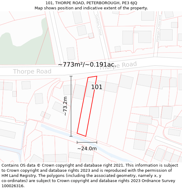 101, THORPE ROAD, PETERBOROUGH, PE3 6JQ: Plot and title map