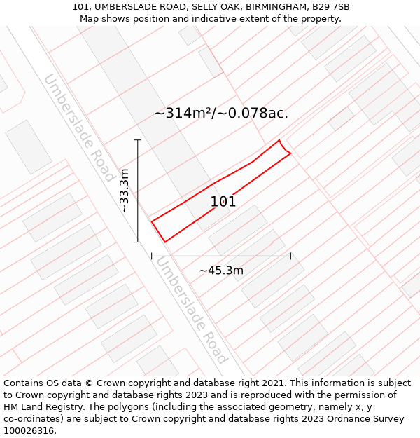 101, UMBERSLADE ROAD, SELLY OAK, BIRMINGHAM, B29 7SB: Plot and title map