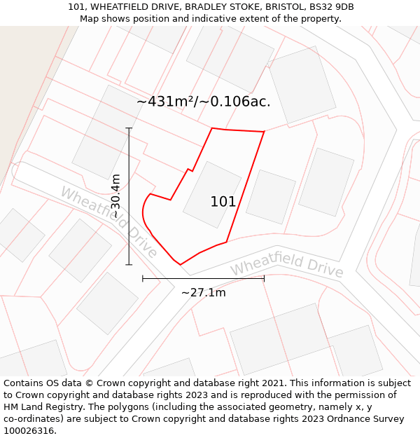 101, WHEATFIELD DRIVE, BRADLEY STOKE, BRISTOL, BS32 9DB: Plot and title map