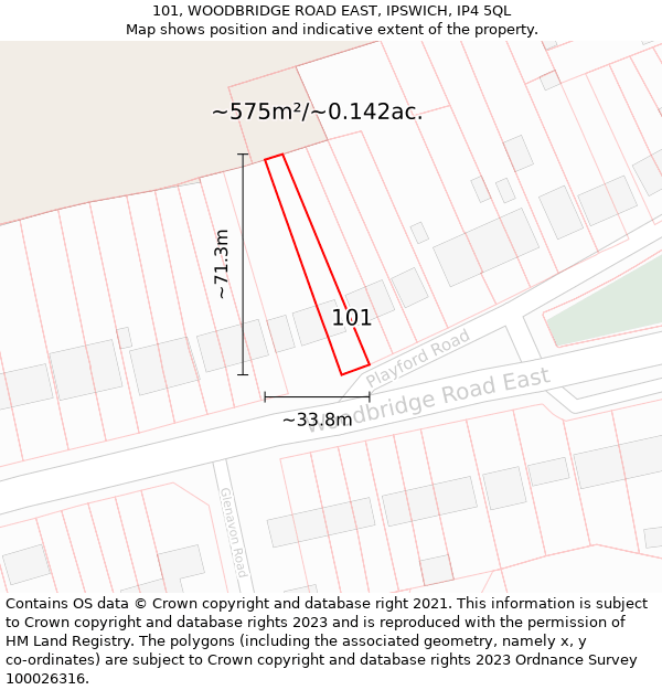 101, WOODBRIDGE ROAD EAST, IPSWICH, IP4 5QL: Plot and title map