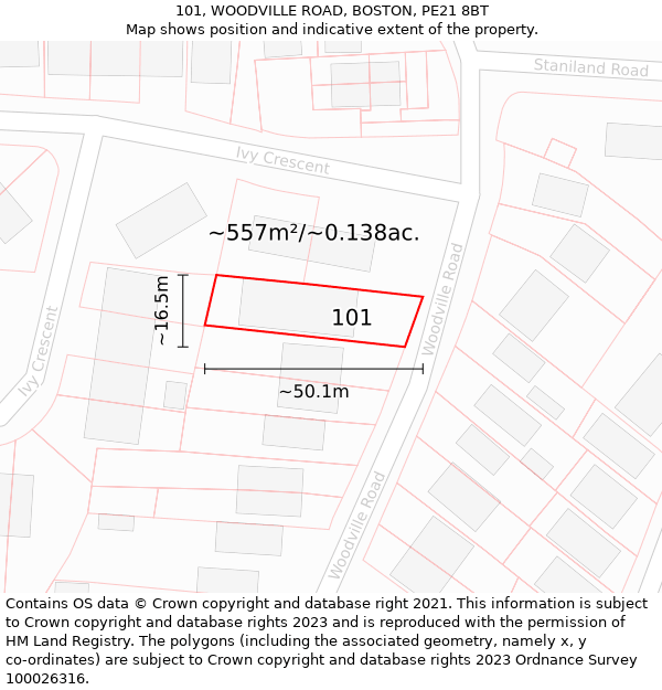 101, WOODVILLE ROAD, BOSTON, PE21 8BT: Plot and title map