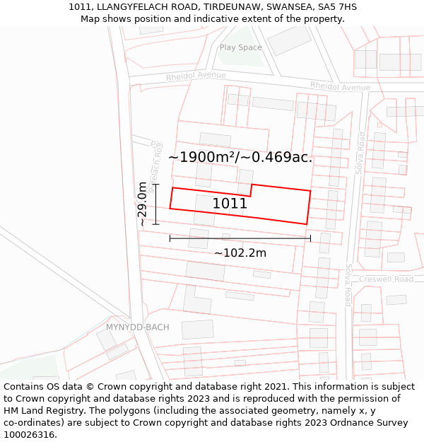 1011, LLANGYFELACH ROAD, TIRDEUNAW, SWANSEA, SA5 7HS: Plot and title map