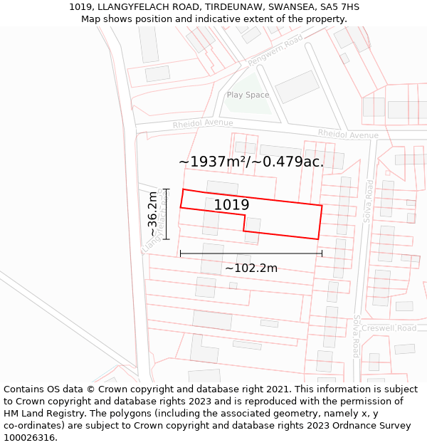 1019, LLANGYFELACH ROAD, TIRDEUNAW, SWANSEA, SA5 7HS: Plot and title map