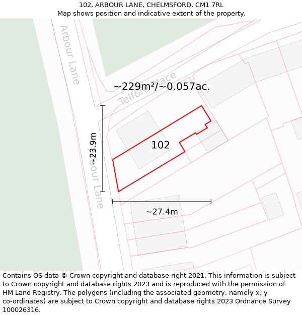 102, ARBOUR LANE, CHELMSFORD, CM1 7RL: Plot and title map