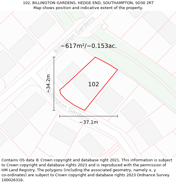 102, BILLINGTON GARDENS, HEDGE END, SOUTHAMPTON, SO30 2RT: Plot and title map