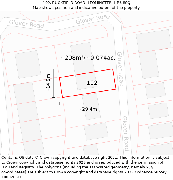 102, BUCKFIELD ROAD, LEOMINSTER, HR6 8SQ: Plot and title map