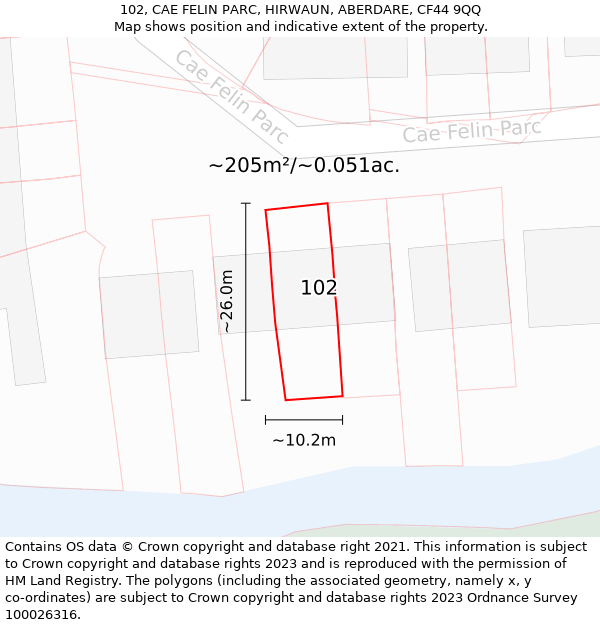 102, CAE FELIN PARC, HIRWAUN, ABERDARE, CF44 9QQ: Plot and title map