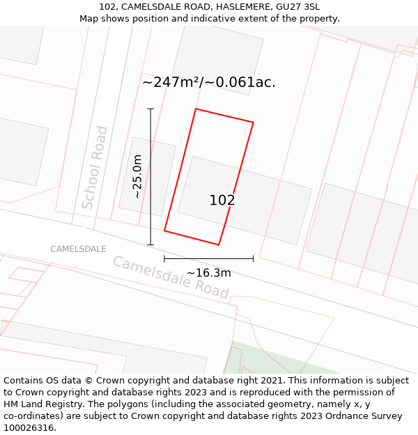 102, CAMELSDALE ROAD, HASLEMERE, GU27 3SL: Plot and title map