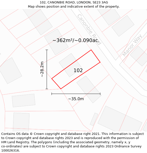 102, CANONBIE ROAD, LONDON, SE23 3AG: Plot and title map