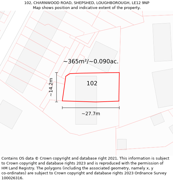 102, CHARNWOOD ROAD, SHEPSHED, LOUGHBOROUGH, LE12 9NP: Plot and title map