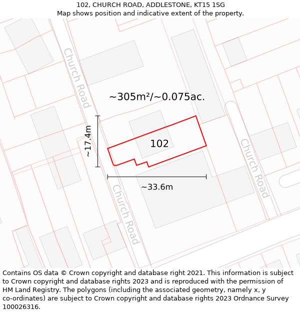 102, CHURCH ROAD, ADDLESTONE, KT15 1SG: Plot and title map