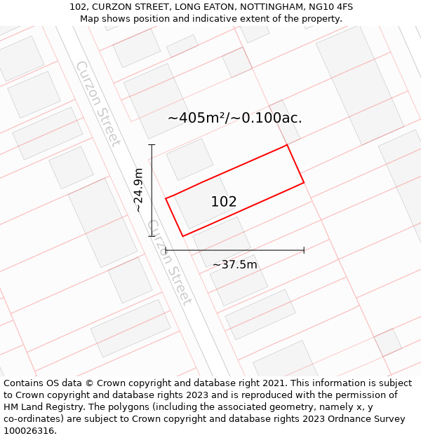 102, CURZON STREET, LONG EATON, NOTTINGHAM, NG10 4FS: Plot and title map