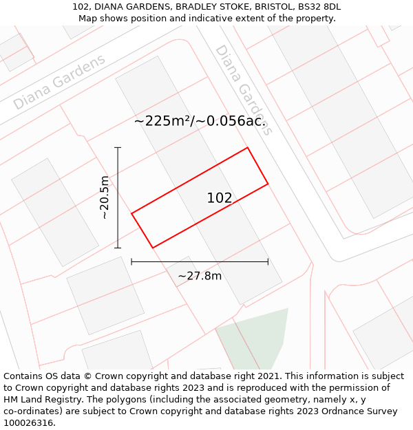 102, DIANA GARDENS, BRADLEY STOKE, BRISTOL, BS32 8DL: Plot and title map