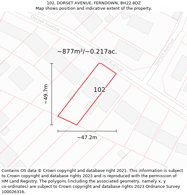 102, DORSET AVENUE, FERNDOWN, BH22 8DZ: Plot and title map