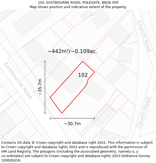 102, EASTBOURNE ROAD, POLEGATE, BN26 5DF: Plot and title map