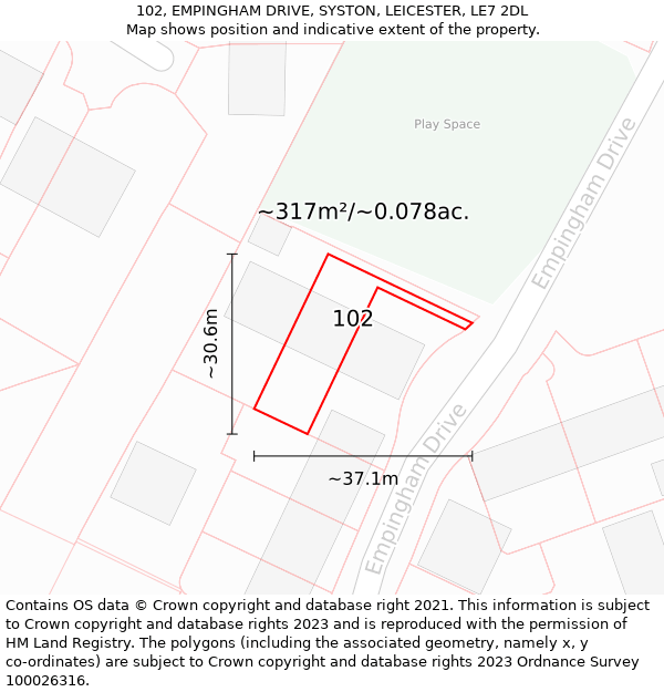 102, EMPINGHAM DRIVE, SYSTON, LEICESTER, LE7 2DL: Plot and title map