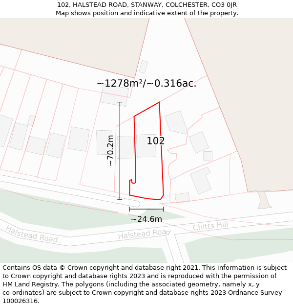 102, HALSTEAD ROAD, STANWAY, COLCHESTER, CO3 0JR: Plot and title map