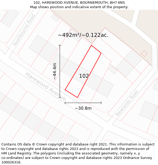 102, HAREWOOD AVENUE, BOURNEMOUTH, BH7 6NS: Plot and title map