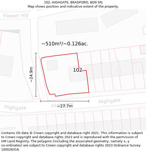 102, HIGHGATE, BRADFORD, BD9 5PJ: Plot and title map