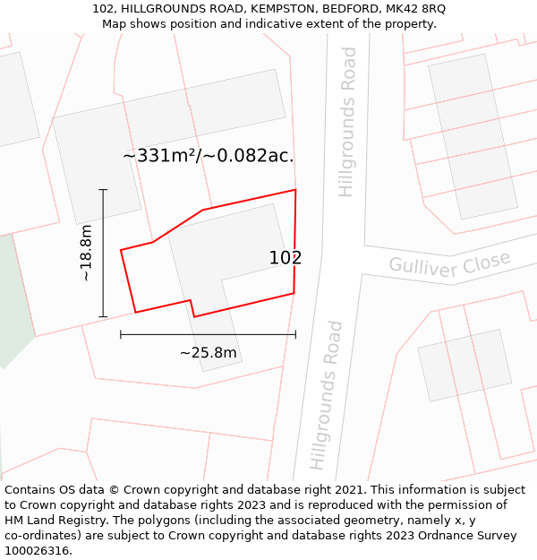 102, HILLGROUNDS ROAD, KEMPSTON, BEDFORD, MK42 8RQ: Plot and title map