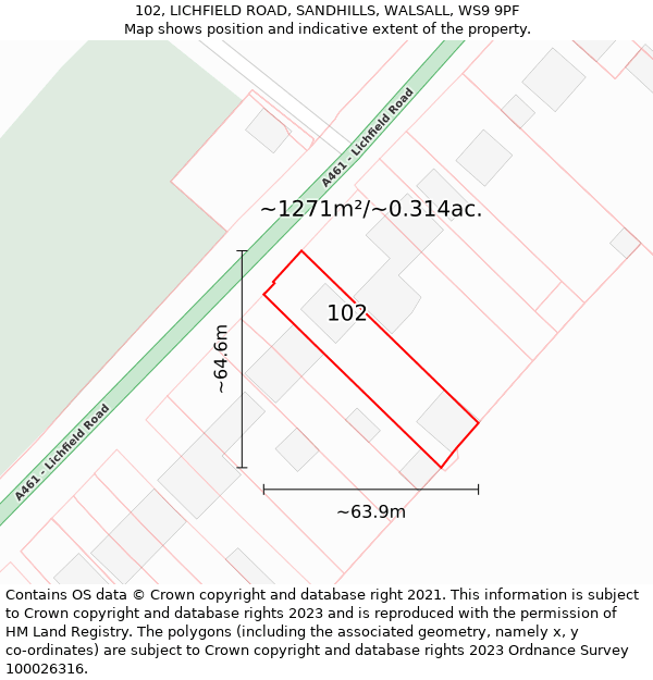 102, LICHFIELD ROAD, SANDHILLS, WALSALL, WS9 9PF: Plot and title map